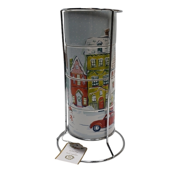 Pier 1 Stacking Christmas Village Winter Stoneware Mugs Set of 4 Metal S… - Picture 10 of 16